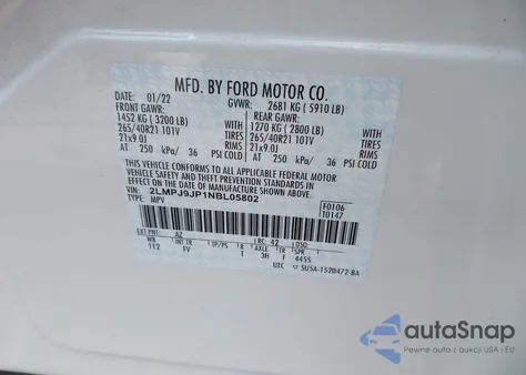 2022 Lincoln Nautilus Black Label z USA, uszkodzony, nr VIN 2LMPJ9JP1NBL05802